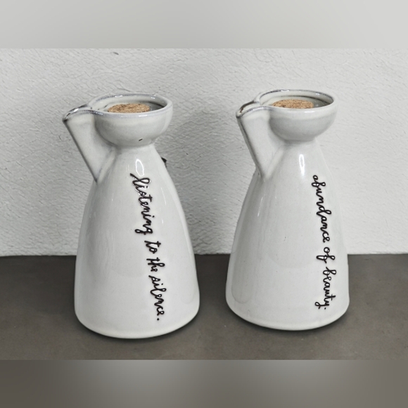 Rae Dunn Other - Rae Dunn Clay Ceramic Sentiment Spouted Cruets Oil & Vinegar Set of 2 w/Quotes